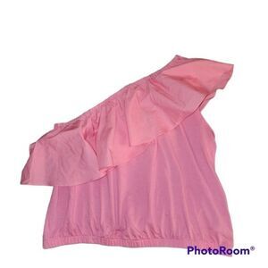A New Day bubblegum pink barbiecore one ruffled shoulder top size large